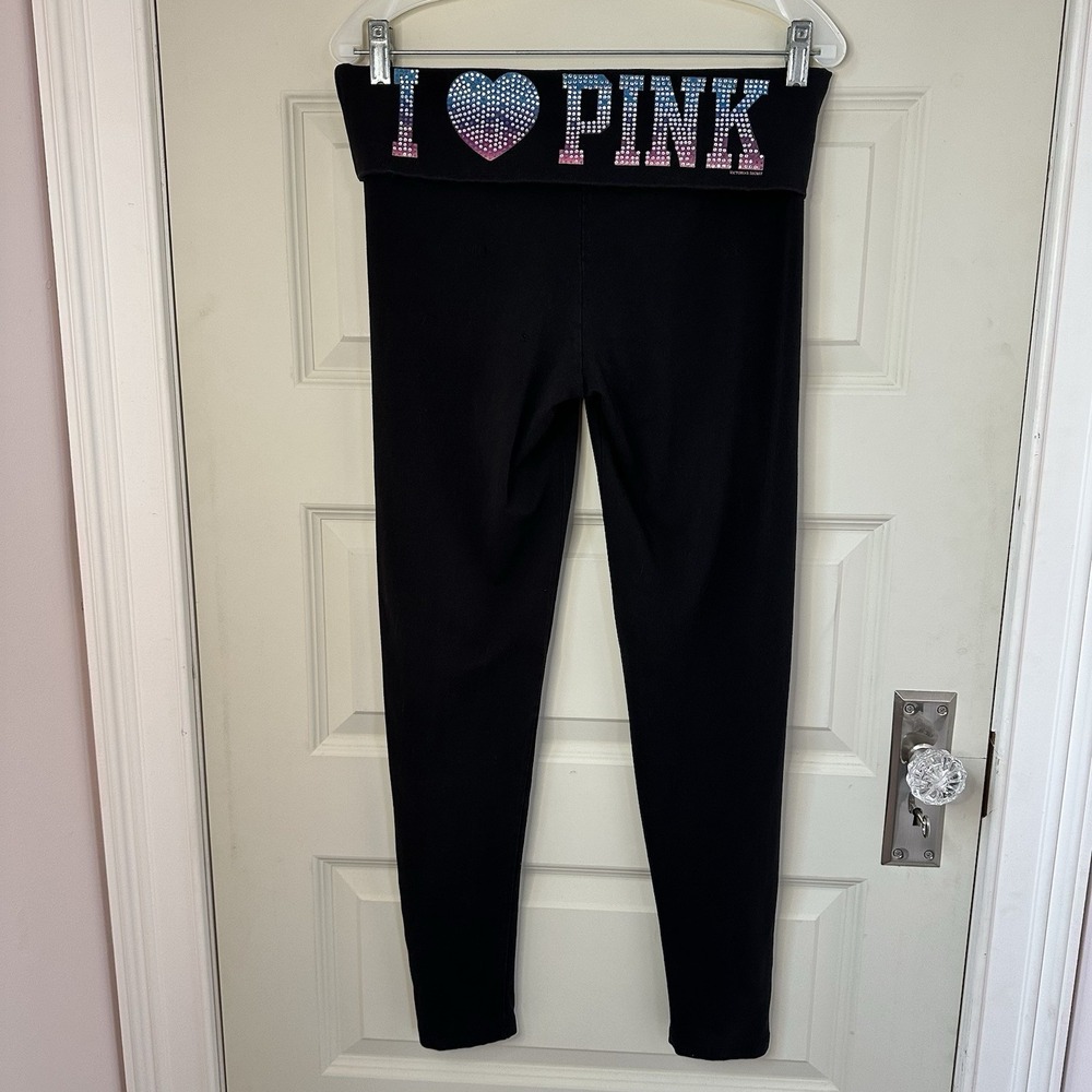 Y2K Victoria's Secret PINK VTG Foldover Yoga Leggings I Heart Pink Rhinestones M